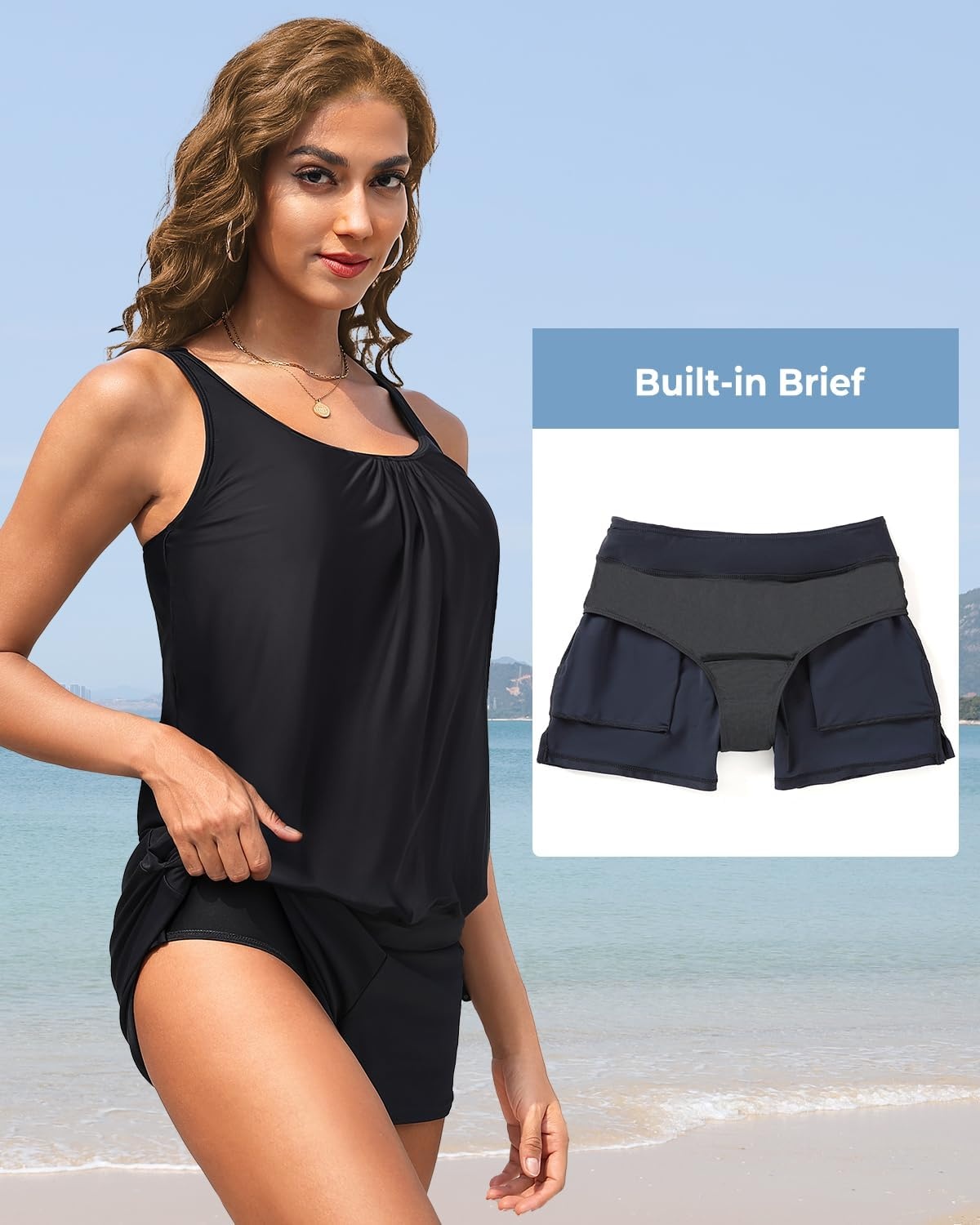 Blouson Tankini Swimsuit with Shorts – Womens Two Piece with Pockets Tummy Control Bathing Suit Modest Swimwear 2025(Black)