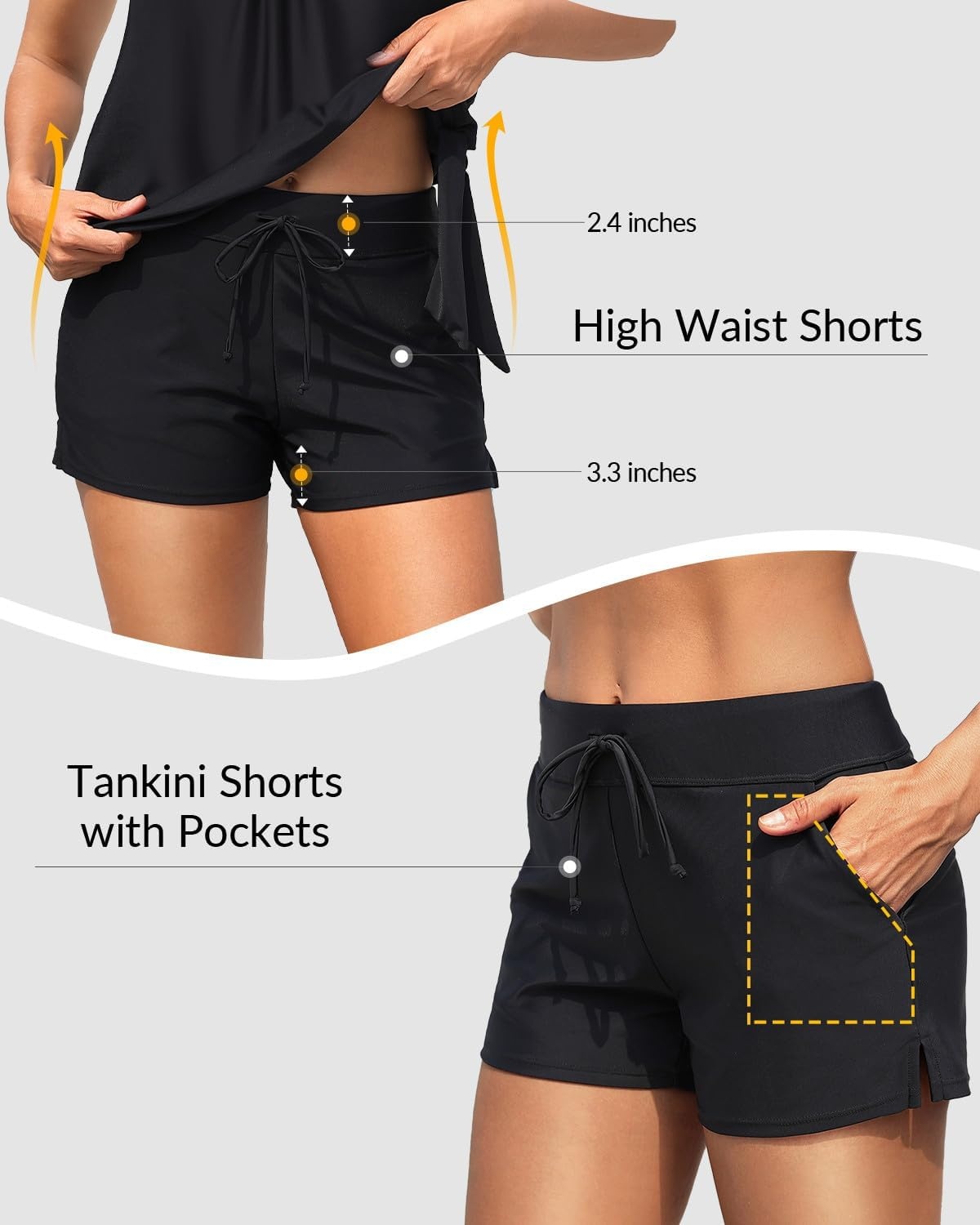 Blouson Tankini Swimsuit with Shorts – Womens Two Piece with Pockets Tummy Control Bathing Suit Modest Swimwear 2025(Black)