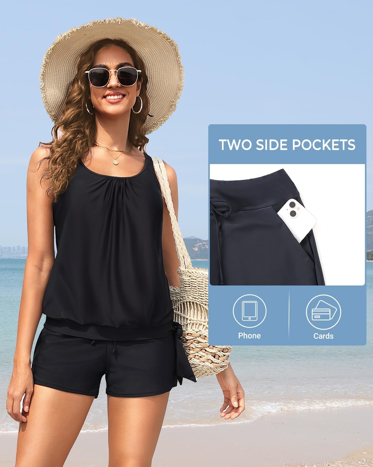 Blouson Tankini Swimsuit with Shorts – Womens Two Piece with Pockets Tummy Control Bathing Suit Modest Swimwear 2025(Black)