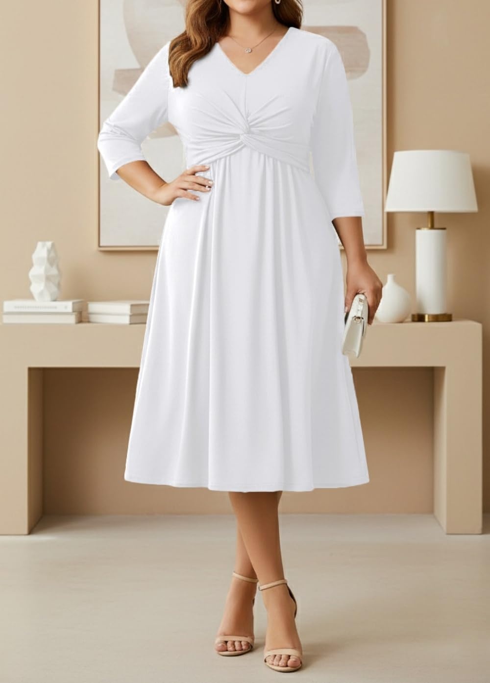 Talisea Plus Size Dress for Women Twist Knot V Neck 3/4 Sleeves A Line Wedding Guest Midi Dresses(White)