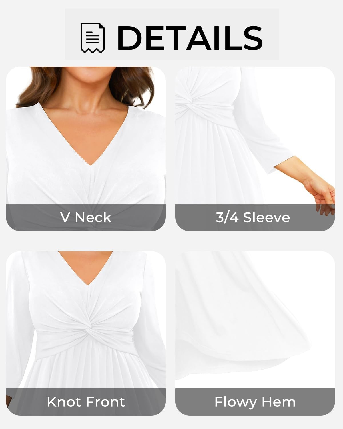 Talisea Plus Size Dress for Women Twist Knot V Neck 3/4 Sleeves A Line Wedding Guest Midi Dresses(White)