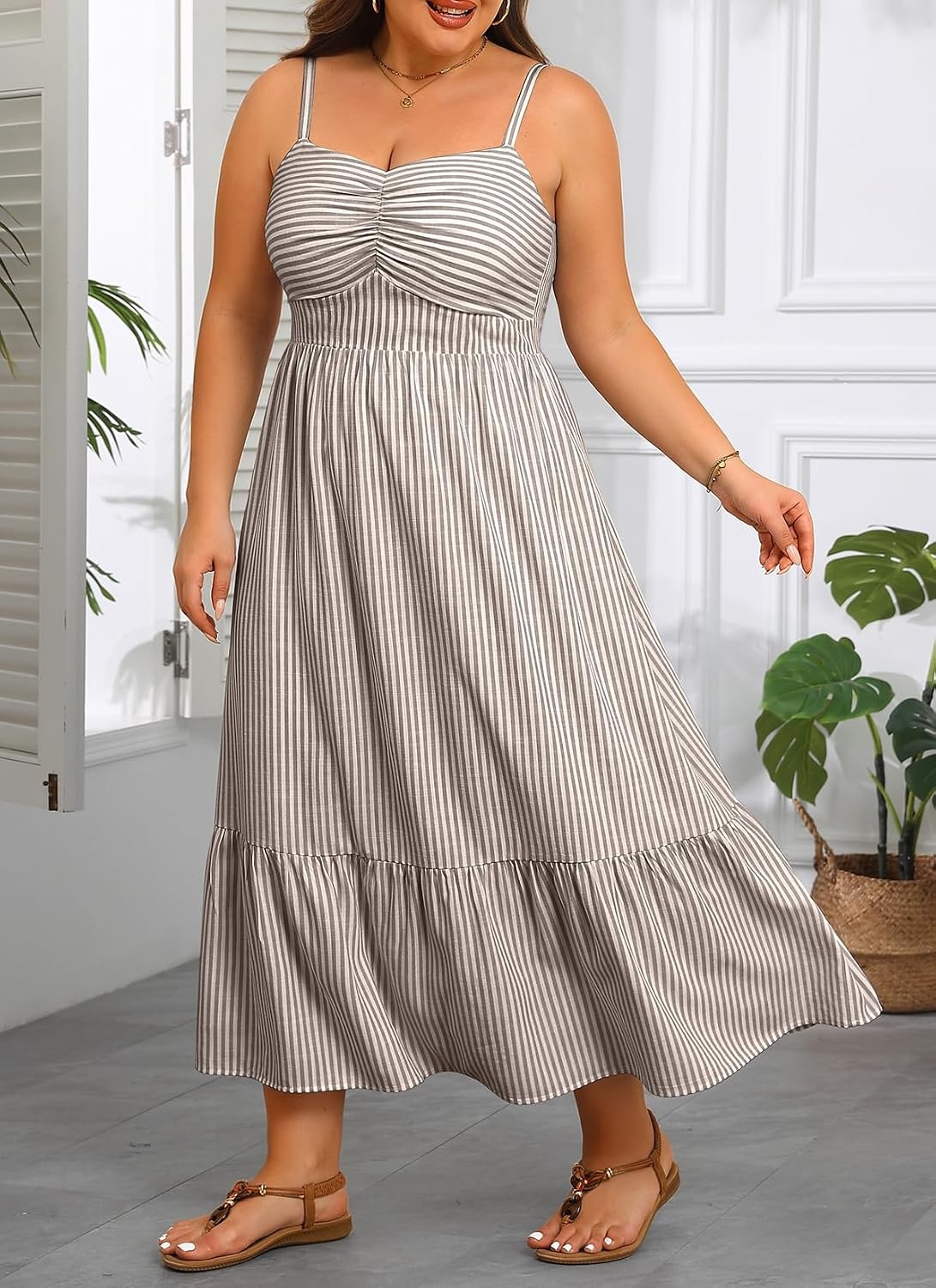 Talisea Plus Size Maxi Dress – Summer Striped Sundress Casual Spaghetti Strap Smocked Beach Vacation Flowy Long Dresses Women(Brown and White)