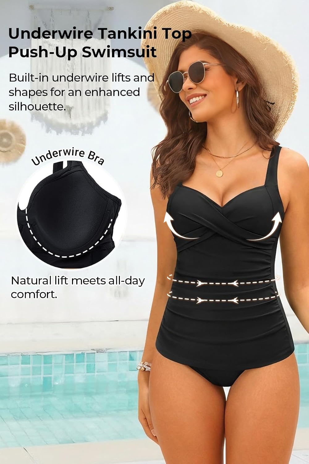 Women’s Underwire Tankini Top Only – Tummy Control Bathing Suit Top No Bottom 2025(Black)