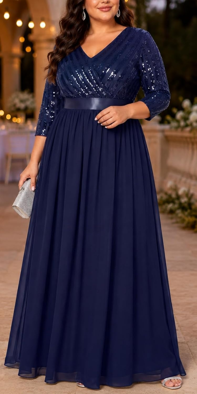 Plus Size Formal Dresses V Neck 3/4 Sleeve Sequin Prom Evening Maxi Dress(Navy Blue)