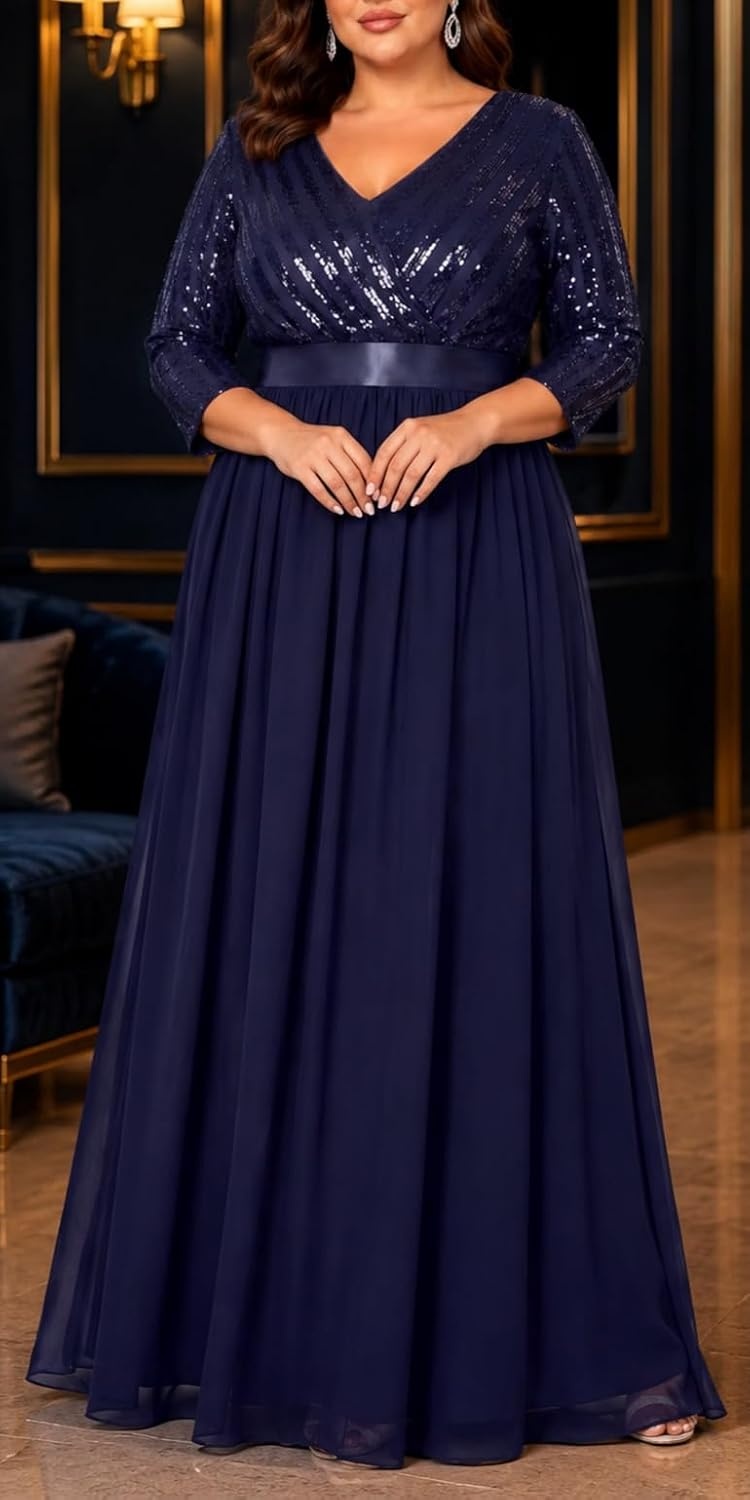 Plus Size Formal Dresses V Neck 3/4 Sleeve Sequin Prom Evening Maxi Dress(Navy Blue)