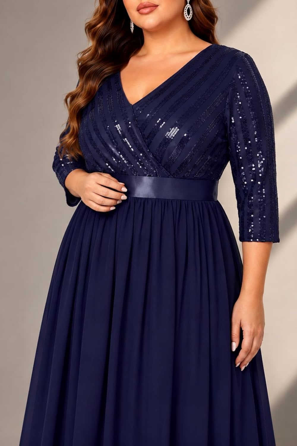 Plus Size Formal Dresses V Neck 3/4 Sleeve Sequin Prom Evening Maxi Dress(Navy Blue)