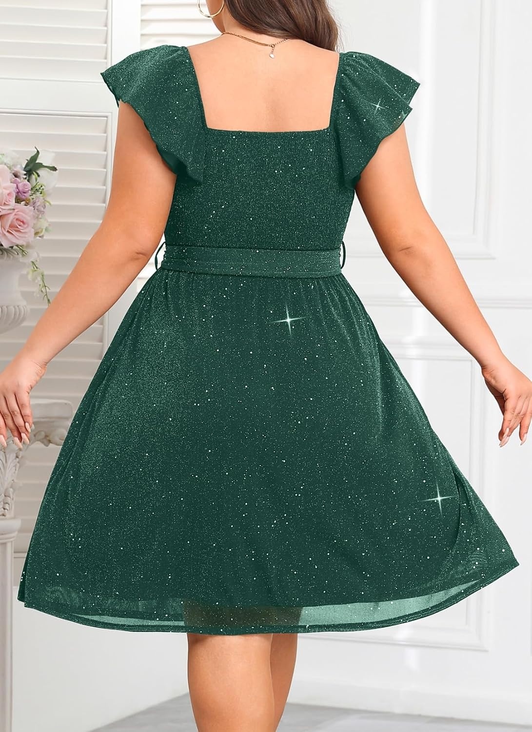 Plus Size Sparkly Cocktail Dress Wrap V Neck Ruffle Sleeve Wedding Guest(Green)