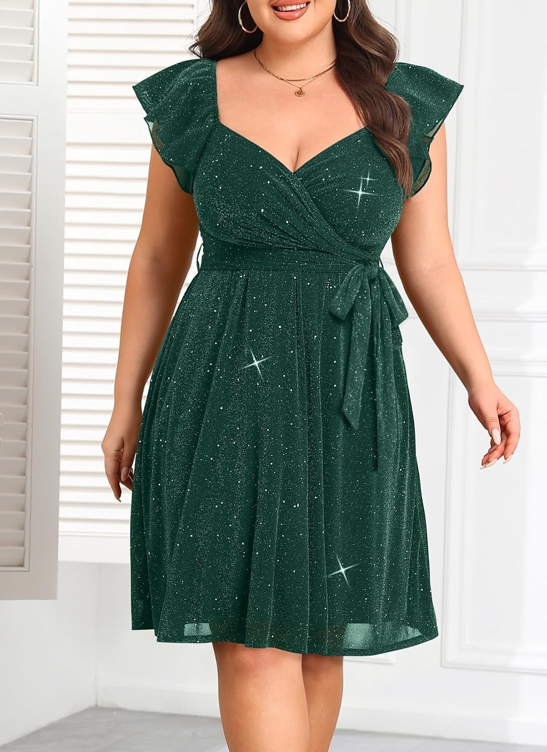 Plus Size Sparkly Cocktail Dress Wrap V Neck Ruffle Sleeve Wedding Guest(Green)