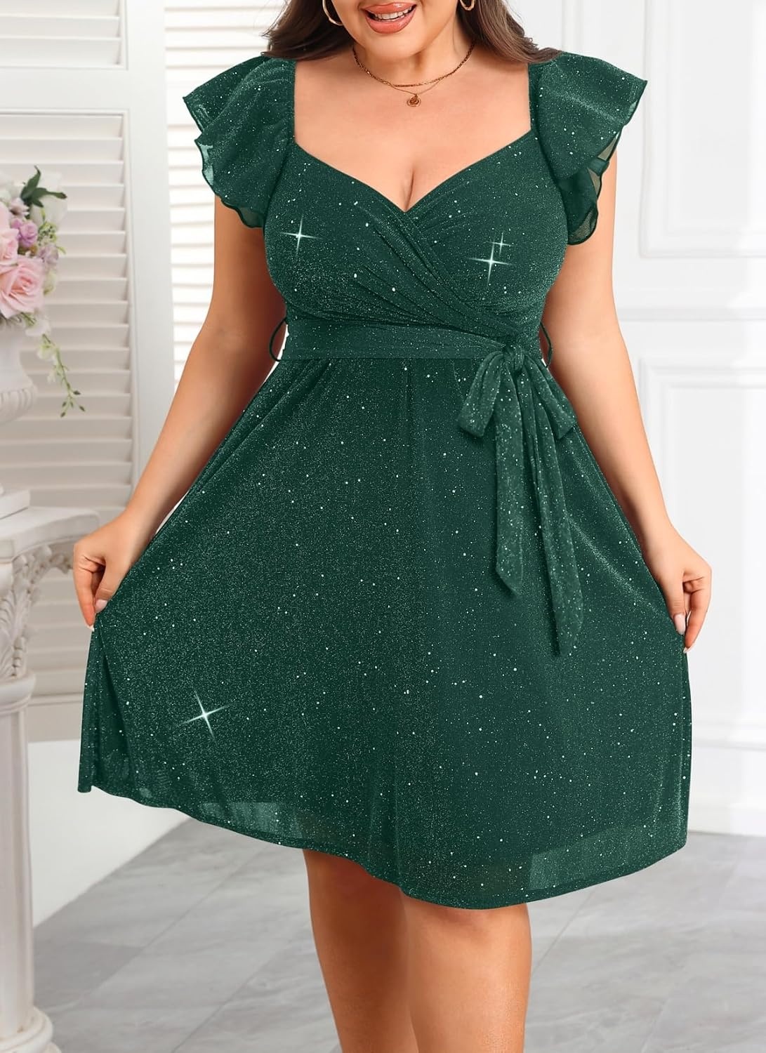 Plus Size Sparkly Cocktail Dress Wrap V Neck Ruffle Sleeve Wedding Guest(Green)