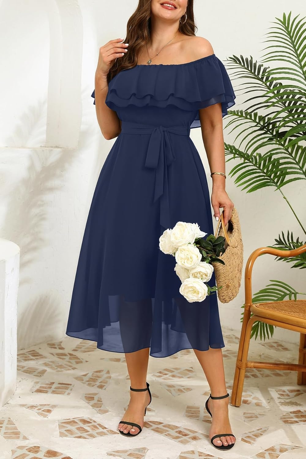 Talisea Plus Size Dresses Wedding Guest – Formal Ruffle Off The Shoulder Cocktail Chiffon A-Line Midi Dress Curvy Women(Navy Blue)