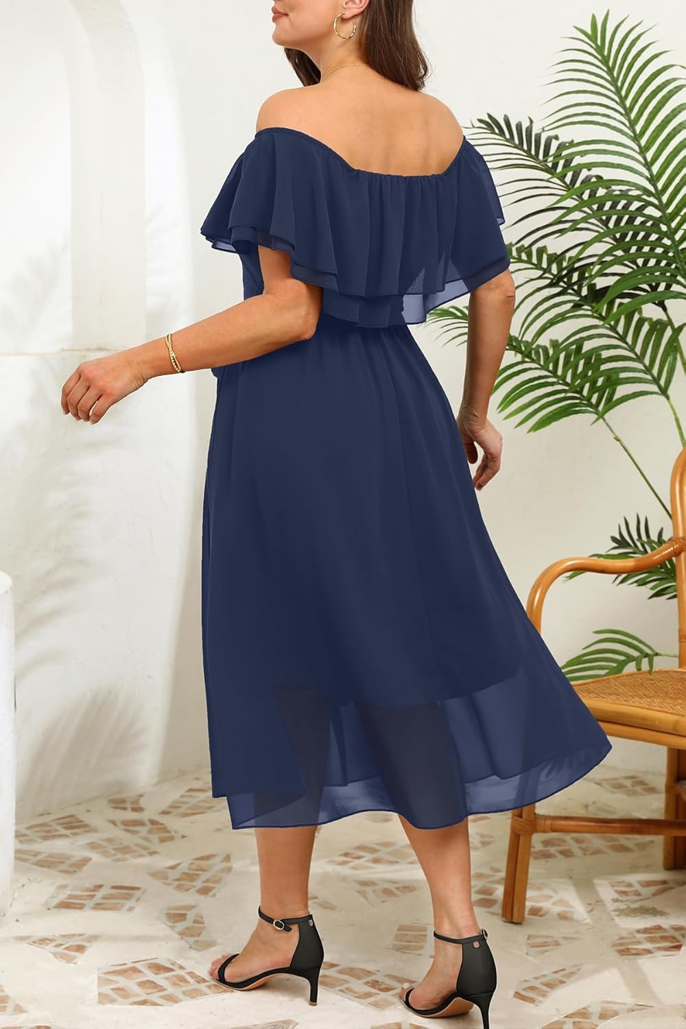 Talisea Plus Size Dresses Wedding Guest – Formal Ruffle Off The Shoulder Cocktail Chiffon A-Line Midi Dress Curvy Women(Navy Blue)