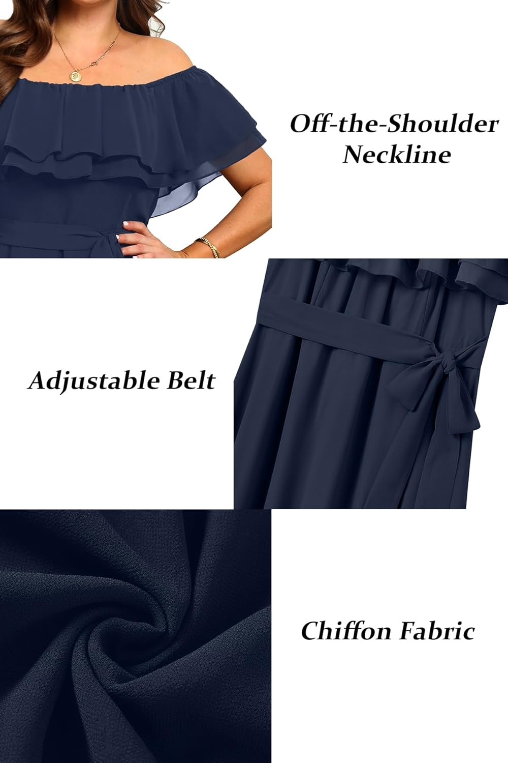 Talisea Plus Size Dresses Wedding Guest – Formal Ruffle Off The Shoulder Cocktail Chiffon A-Line Midi Dress Curvy Women(Navy Blue)