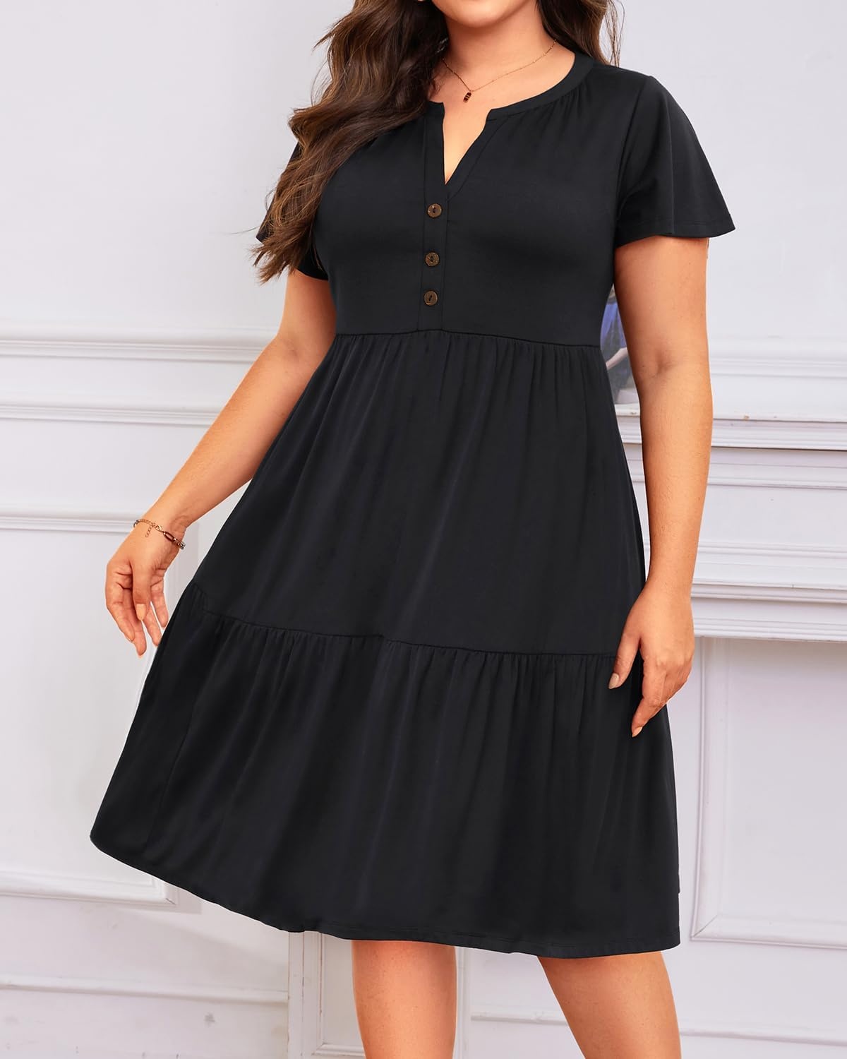 Plus Size Summer Dress Casual Short Sleeve Button Midi Sun Dresses Women(Black)