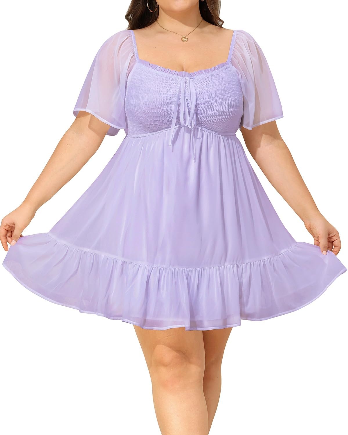 Talisea Plus Size Women’s Sweetheart Neckline Dress Smocked Short Summer Sundress Chiffon Mini Cute Graduation Dresses(Purple Short Sleeve)