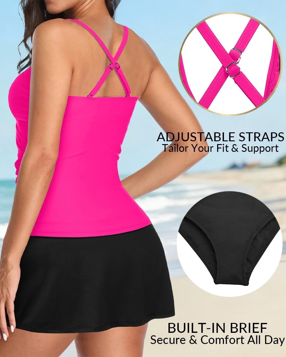 Talisea Womens Tankini Bathing Suits with Skirt Two Piece Tummy Control Swimsuits Ladies Swimwear Hot Pink Black 18 Plus