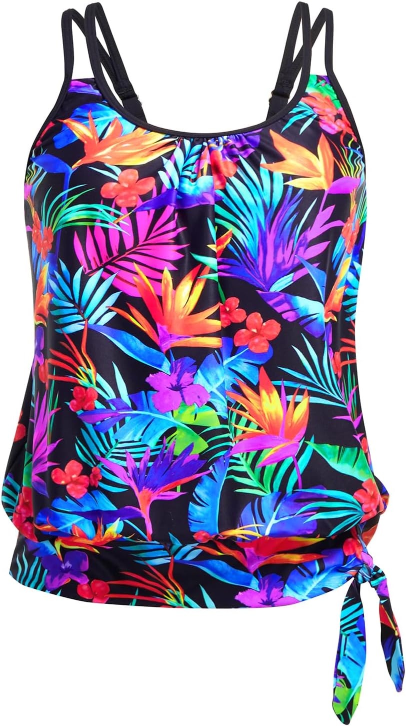 Women Blouson Tankini Top Only – Loose Fit Swim Top Bathing Suit No Bottom Modest Swimsuit Swim Tank Top 2025(Colorful Leaves)
