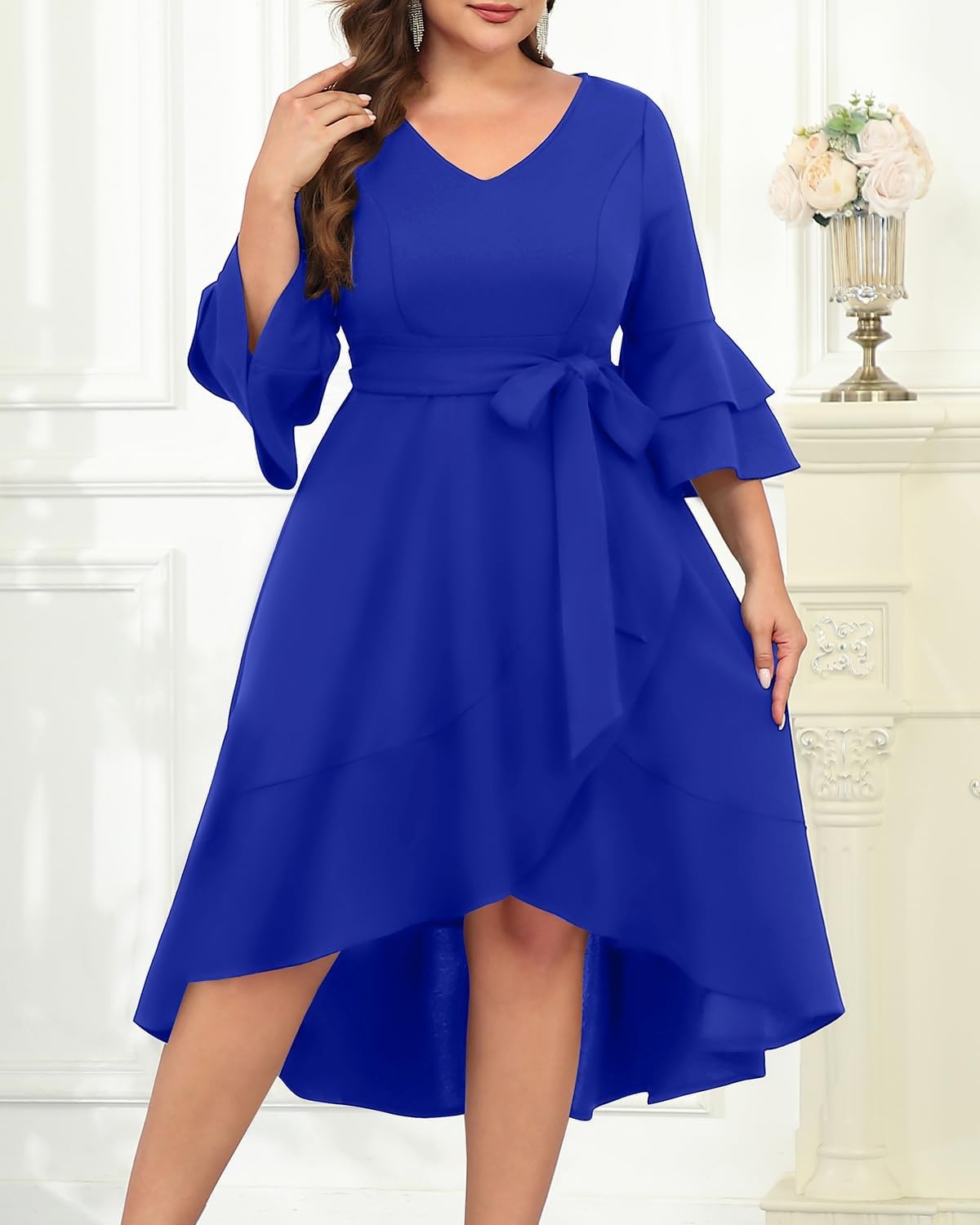 Plus Size Wedding Guest Dress – Semi Formal Double Bell Sleeve V Neck High Low Split Ruffle Cocktail Dresses with Belt(Royal Blue)