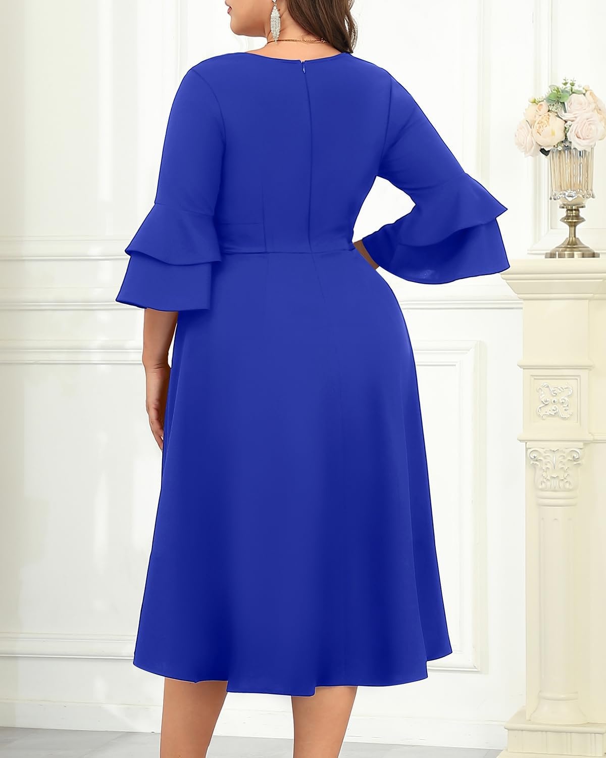 Plus Size Wedding Guest Dress – Semi Formal Double Bell Sleeve V Neck High Low Split Ruffle Cocktail Dresses with Belt(Royal Blue)