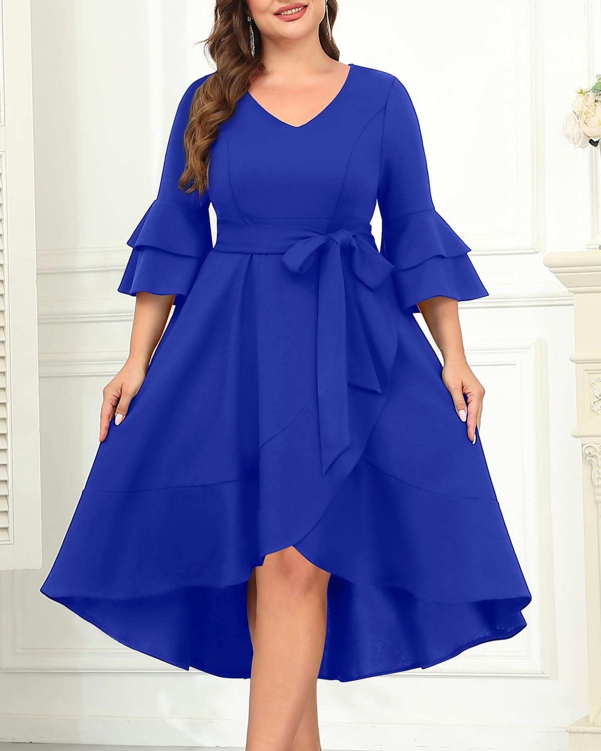 Plus Size Wedding Guest Dress – Semi Formal Double Bell Sleeve V Neck High Low Split Ruffle Cocktail Dresses with Belt(Royal Blue)