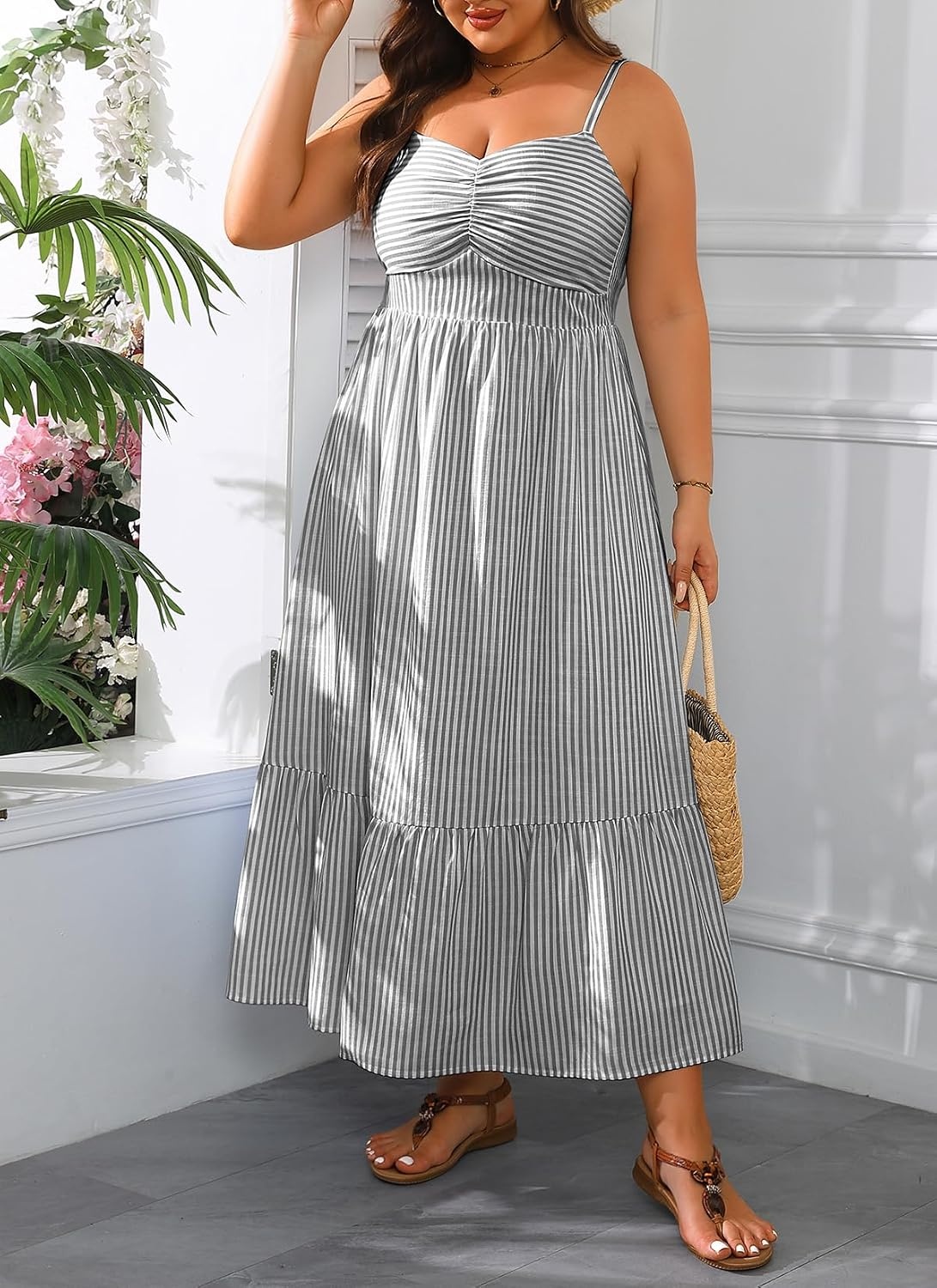 Talisea Plus Size Maxi Dress – Summer Striped Sundress Casual Spaghetti Strap Smocked Beach Vacation Flowy Long Dresses Women(Black and White)
