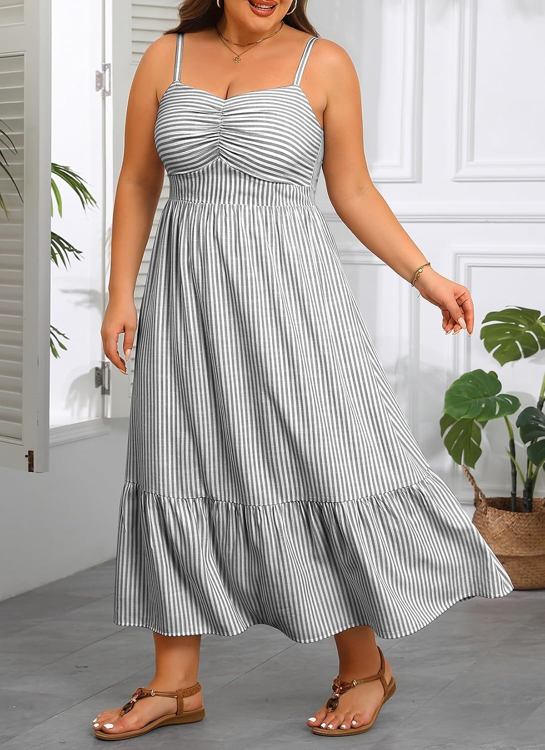 Talisea Plus Size Maxi Dress – Summer Striped Sundress Casual Spaghetti Strap Smocked Beach Vacation Flowy Long Dresses Women(Black and White)