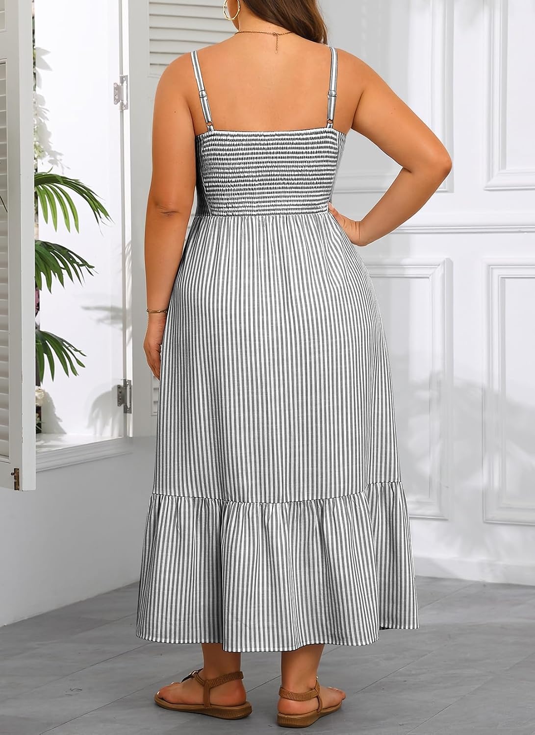 Talisea Plus Size Maxi Dress – Summer Striped Sundress Casual Spaghetti Strap Smocked Beach Vacation Flowy Long Dresses Women(Black and White)