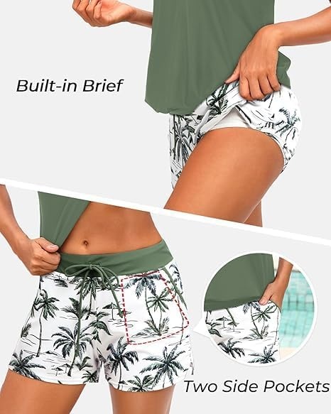 Talisea Womens Tankini Swimsuits with Shorts – 2 Piece Bathing Suits with Pocket Boyshorts Blouson Tummy Control Swimwear(Green Palm Tree)