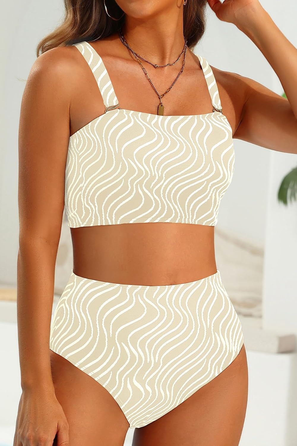 High Waisted Bandeau Bikini Set – Ribbed Strapless Two Piece Swimsuit | Secure bandeau top with straps. High waist bottom for comfortable coverage. Full coverage back for confident wear.(Contrast Color-beige)