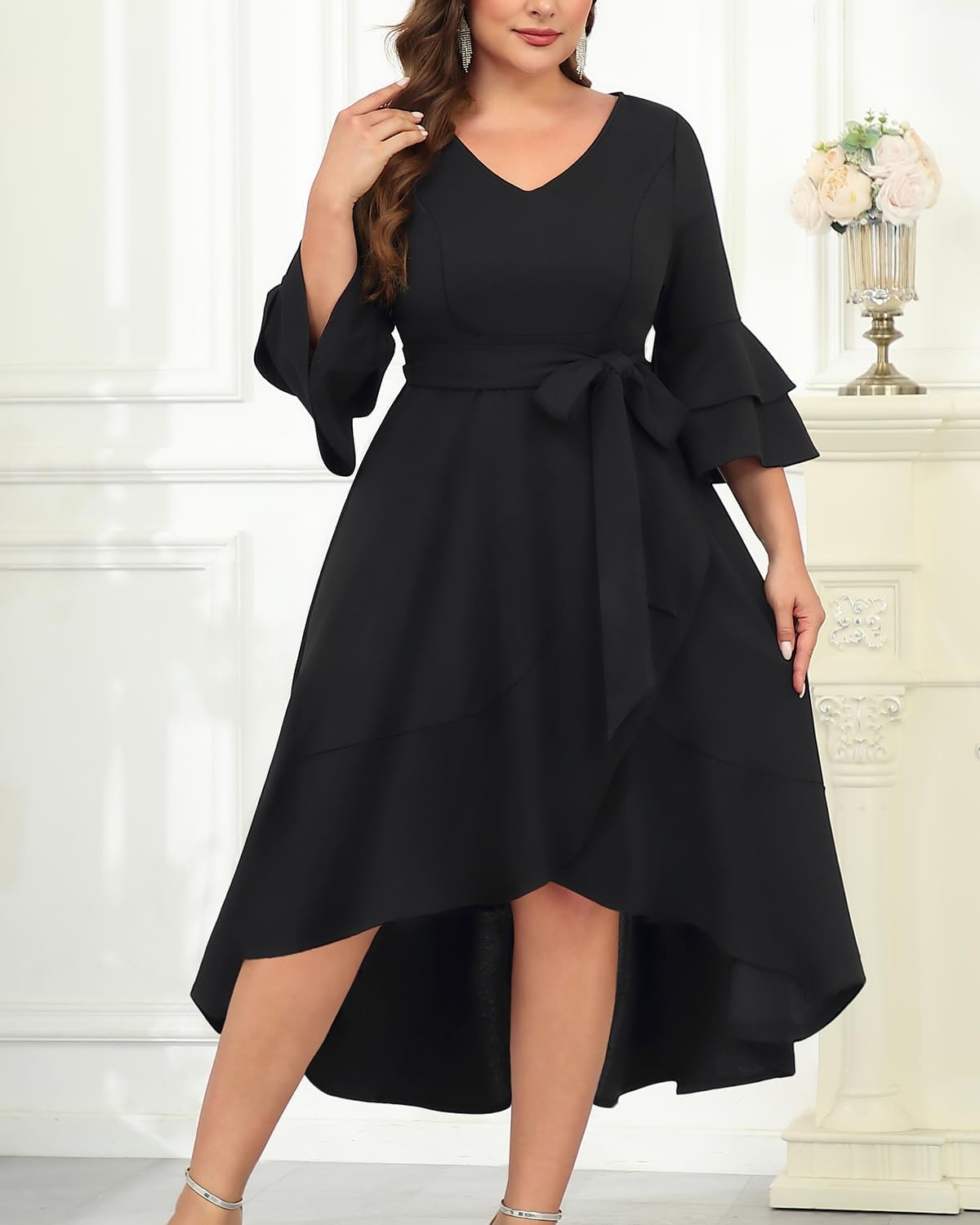 Plus Size Wedding Guest Dress – Semi Formal Double Bell Sleeve V Neck High Low Split Ruffle Cocktail Dresses with Belt(Black)