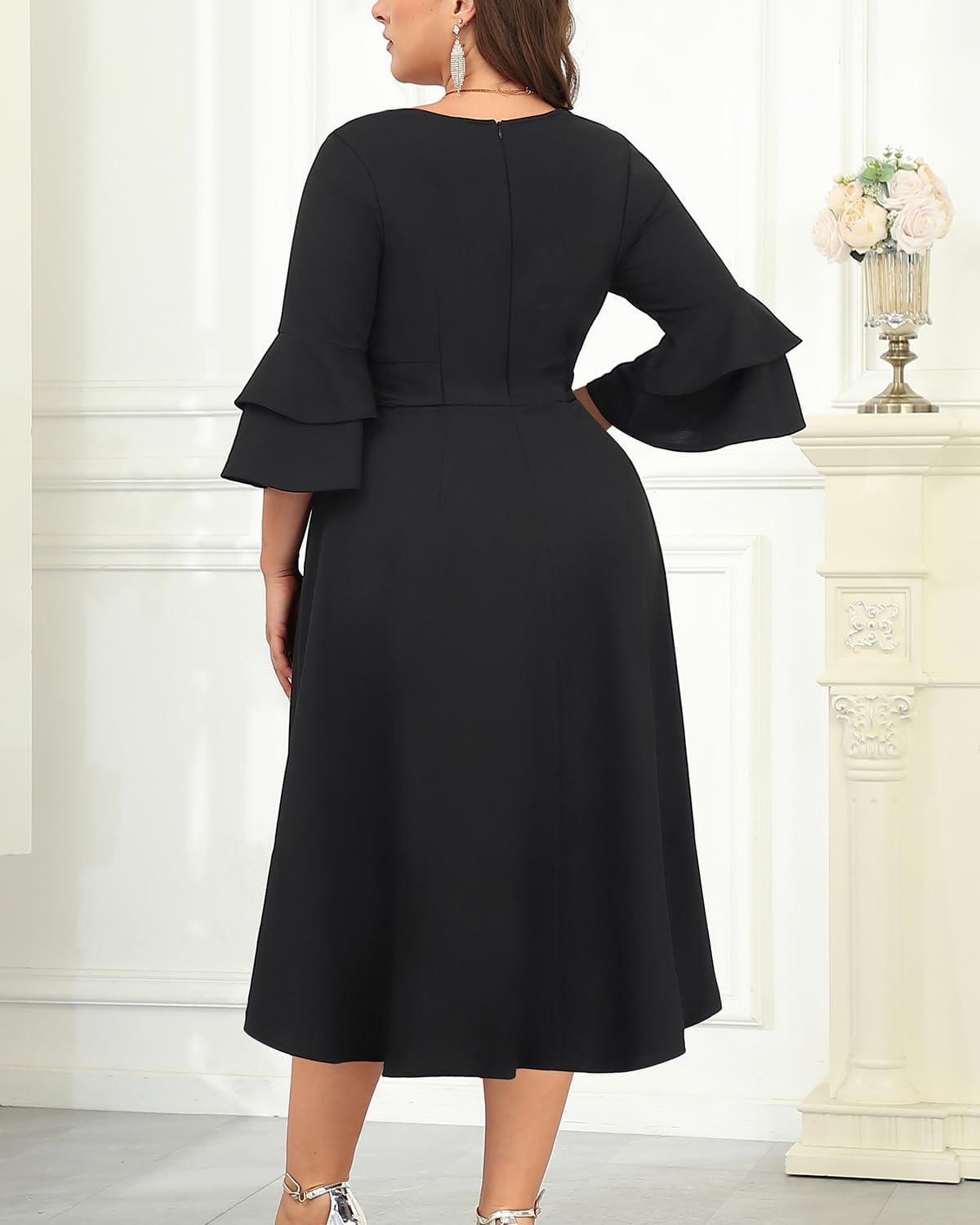 Plus Size Wedding Guest Dress – Semi Formal Double Bell Sleeve V Neck High Low Split Ruffle Cocktail Dresses with Belt(Black)