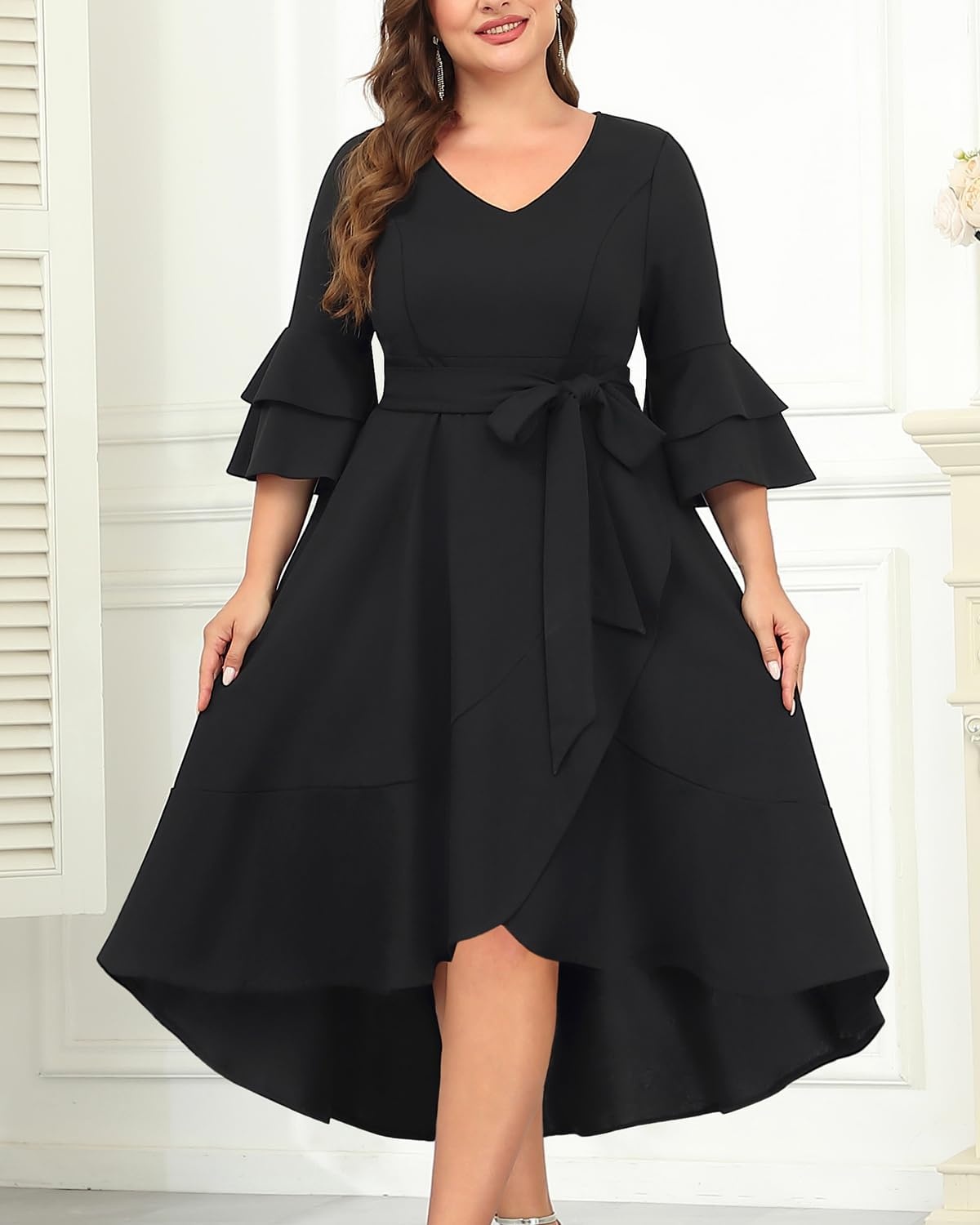 Plus Size Wedding Guest Dress – Semi Formal Double Bell Sleeve V Neck High Low Split Ruffle Cocktail Dresses with Belt(Black)