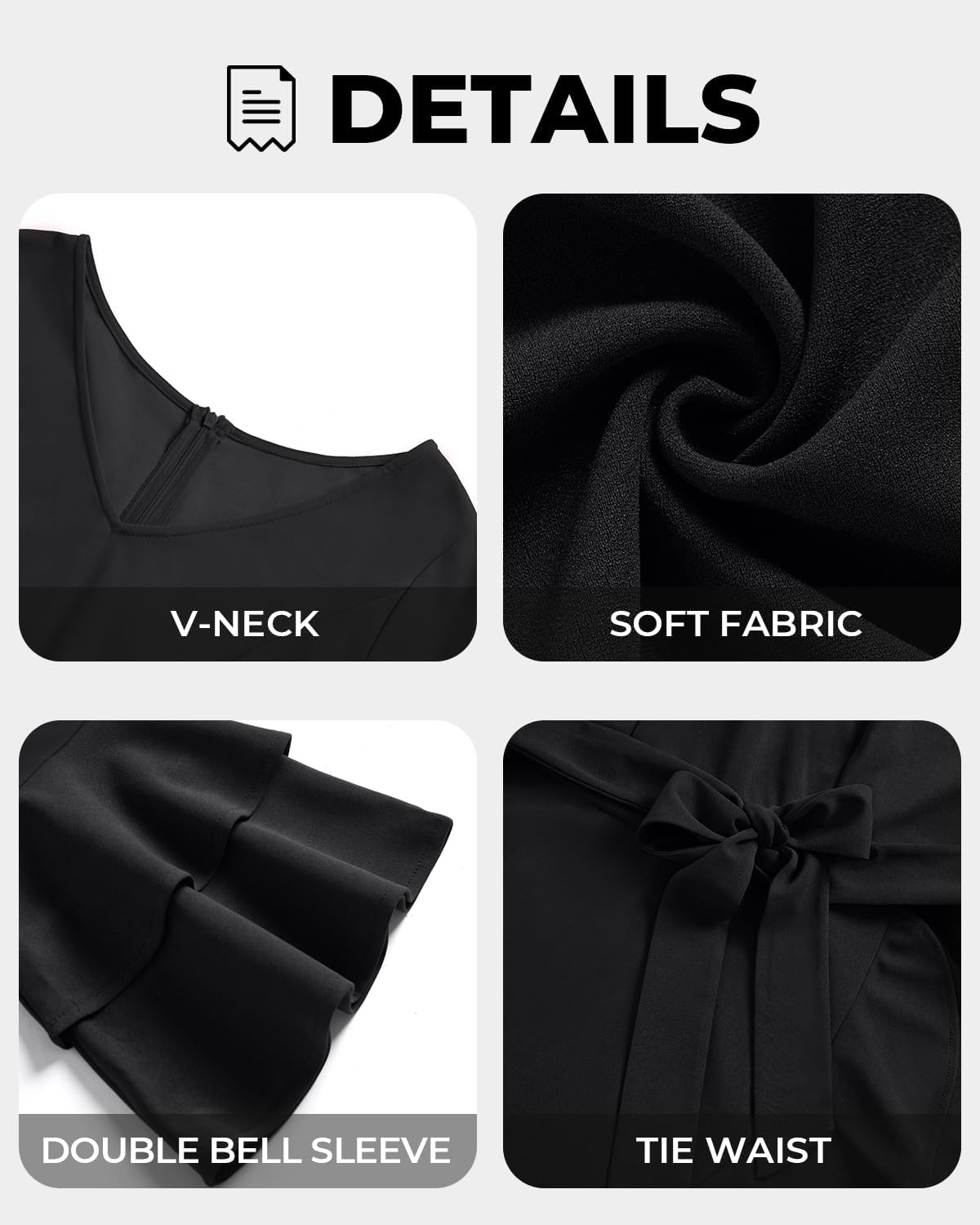 Plus Size Wedding Guest Dress – Semi Formal Double Bell Sleeve V Neck High Low Split Ruffle Cocktail Dresses with Belt(Black)