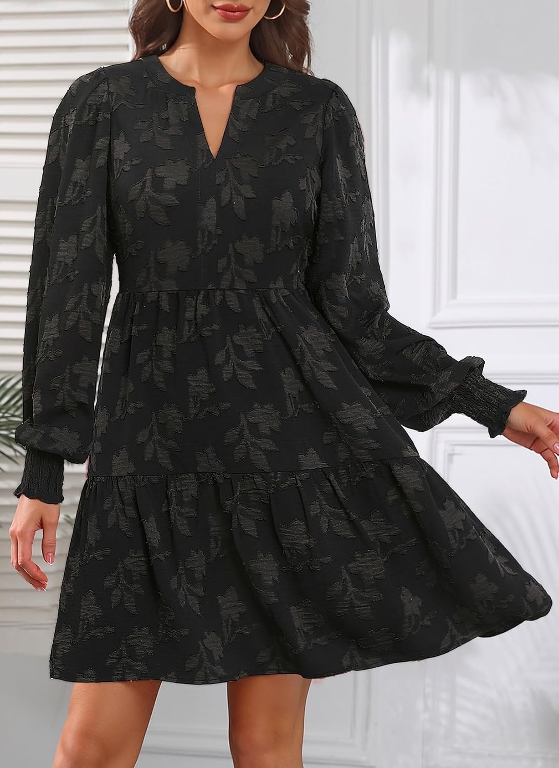 Womens V Neck Floral Babydoll Tiered Tunic Dress | V neck / textured floral / tiered babydoll / flowy tunic / fall summer casual dress(Black)