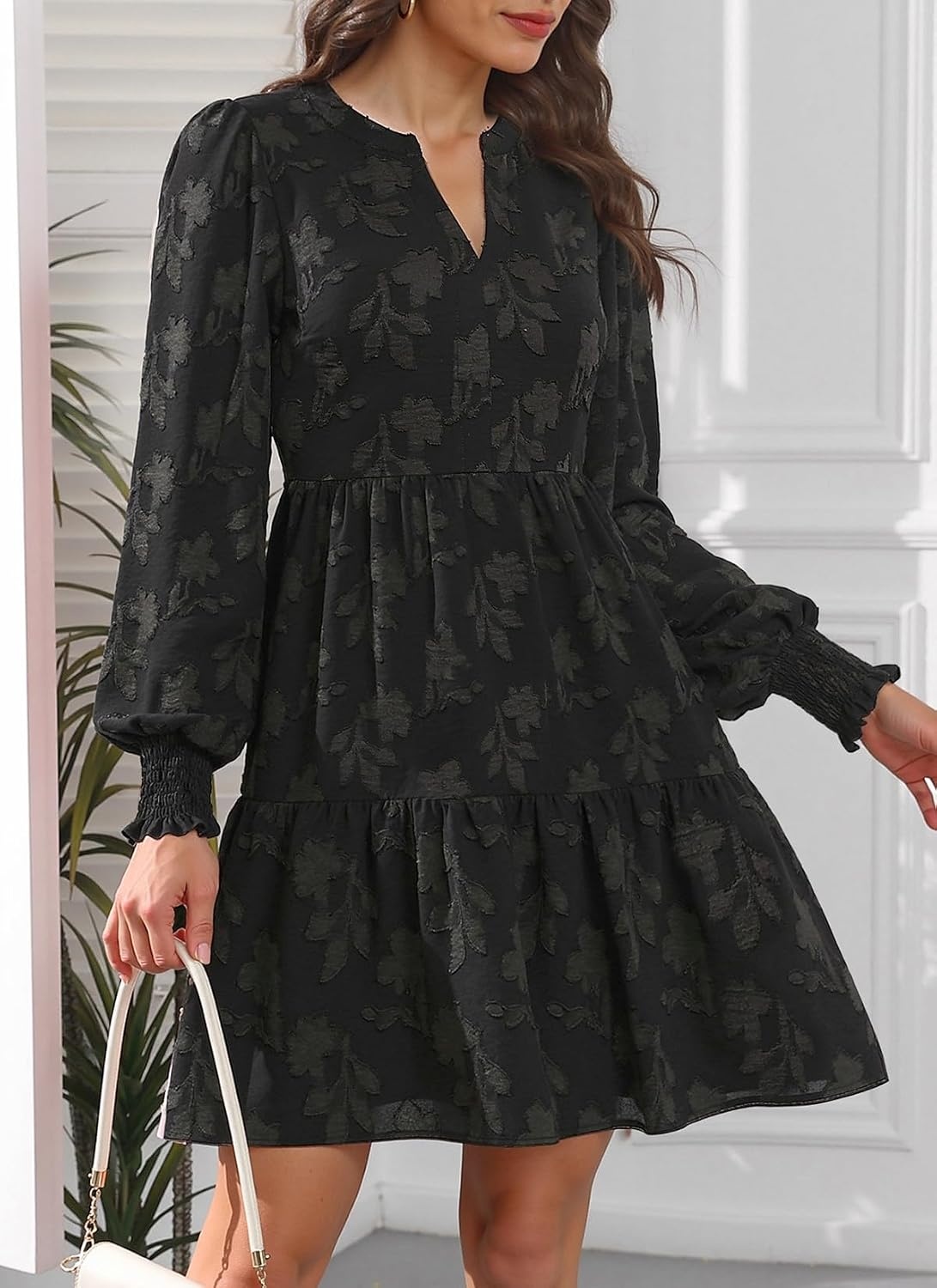 Womens V Neck Floral Babydoll Tiered Tunic Dress | V neck / textured floral / tiered babydoll / flowy tunic / fall summer casual dress(Black)