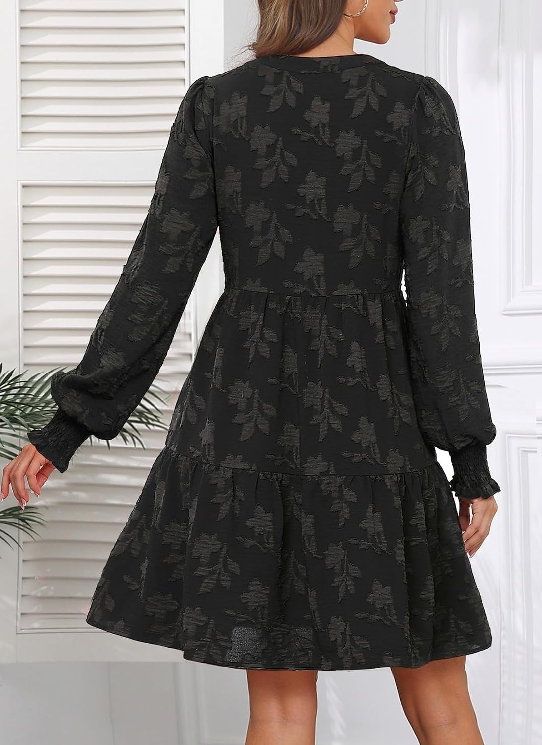 Womens V Neck Floral Babydoll Tiered Tunic Dress | V neck / textured floral / tiered babydoll / flowy tunic / fall summer casual dress(Black)