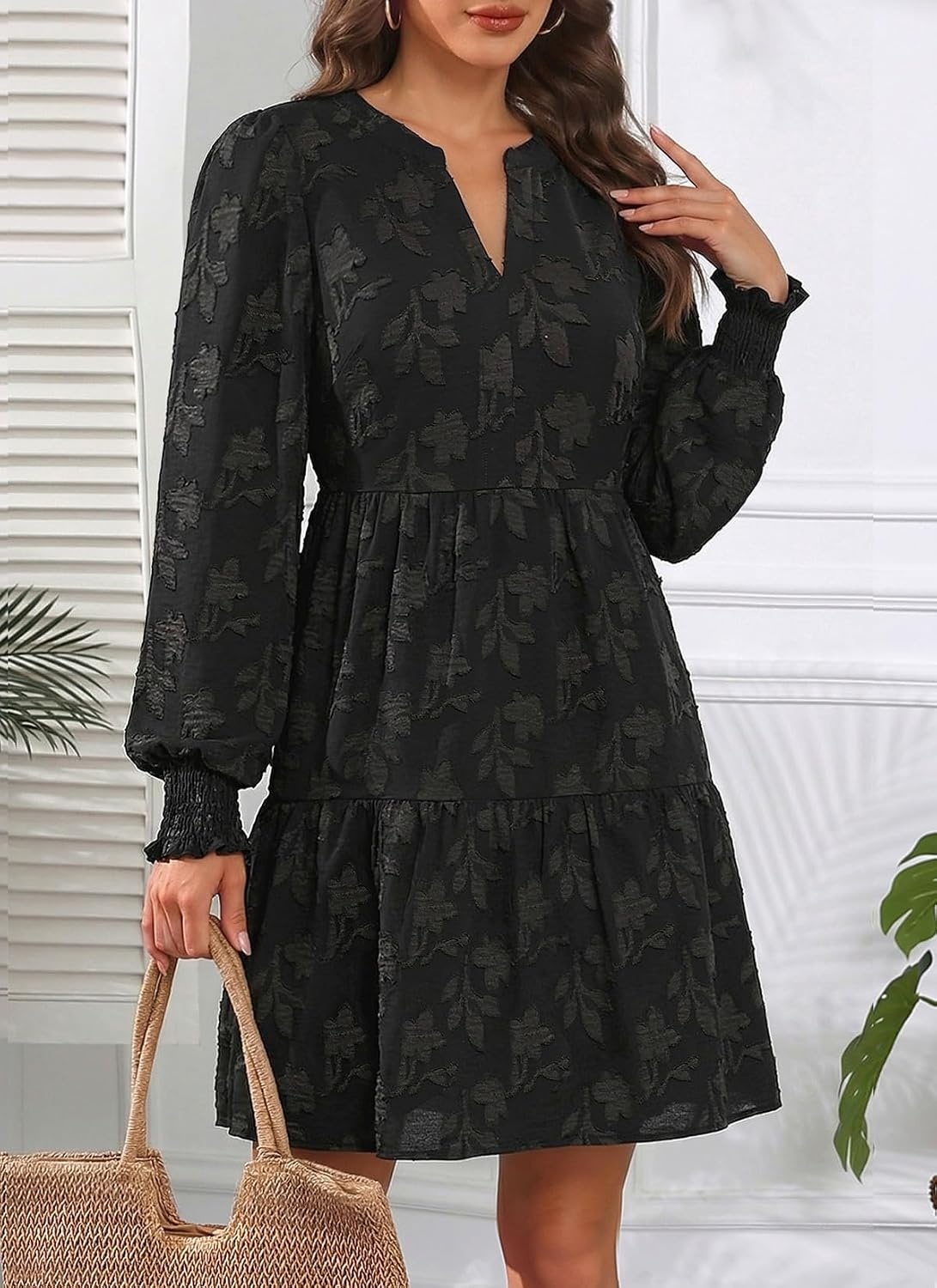 Womens V Neck Floral Babydoll Tiered Tunic Dress | V neck / textured floral / tiered babydoll / flowy tunic / fall summer casual dress(Black)