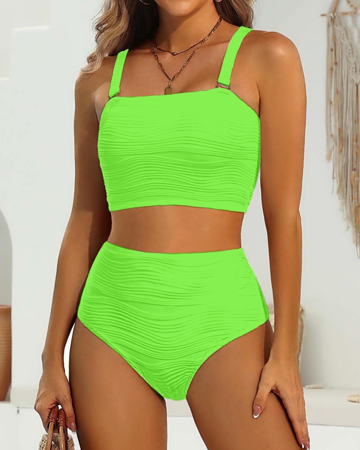 High Waisted Bandeau Bikini Set – Ribbed Strapless Two Piece Swimsuit | Secure bandeau top with straps. High waist bottom for comfortable coverage. Full coverage back for confident wear.(Neon Green)