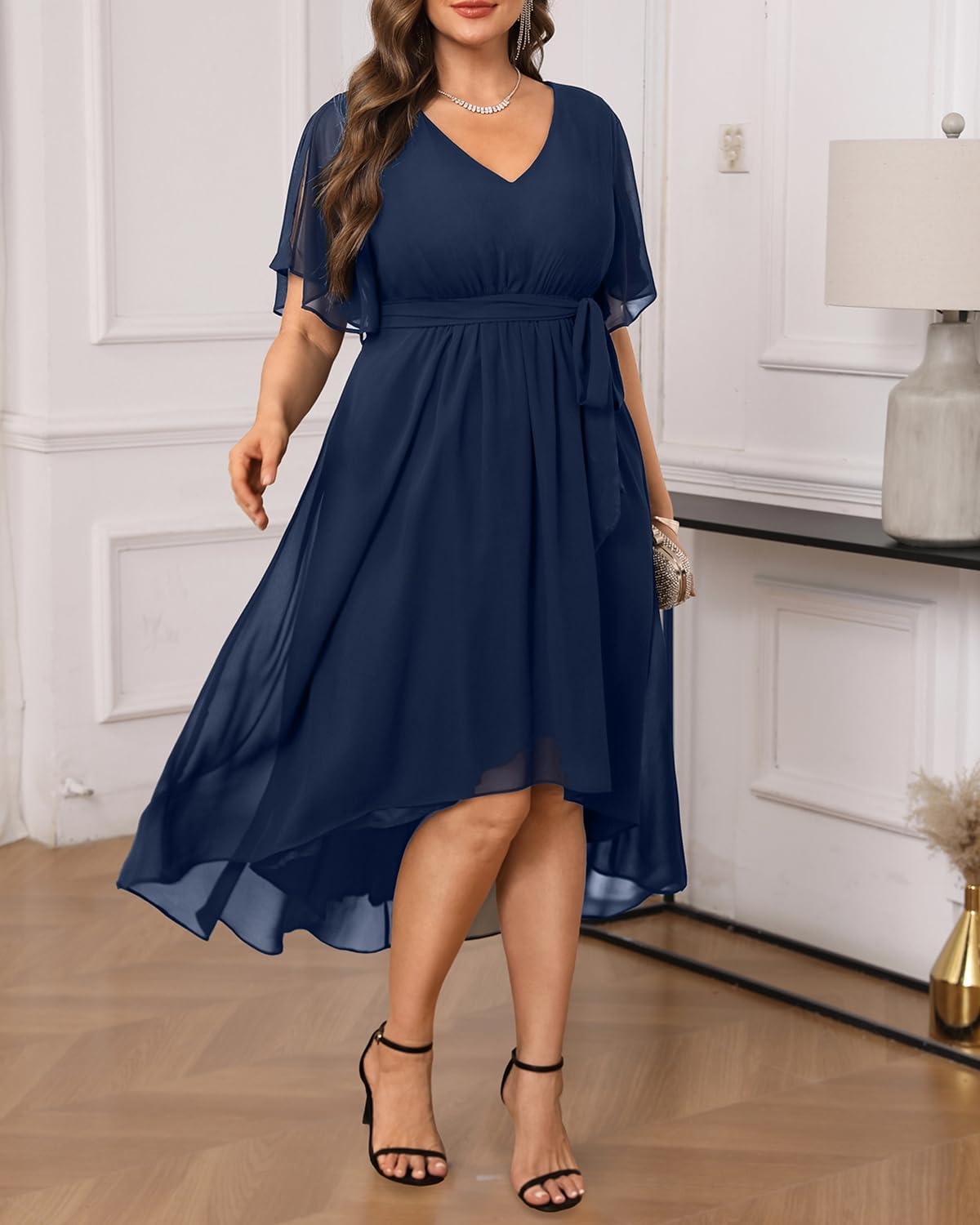 Plus Size Dresses Wedding Guest Formal Chiffon Short Sleeve High Low Dress(Navy Blue)