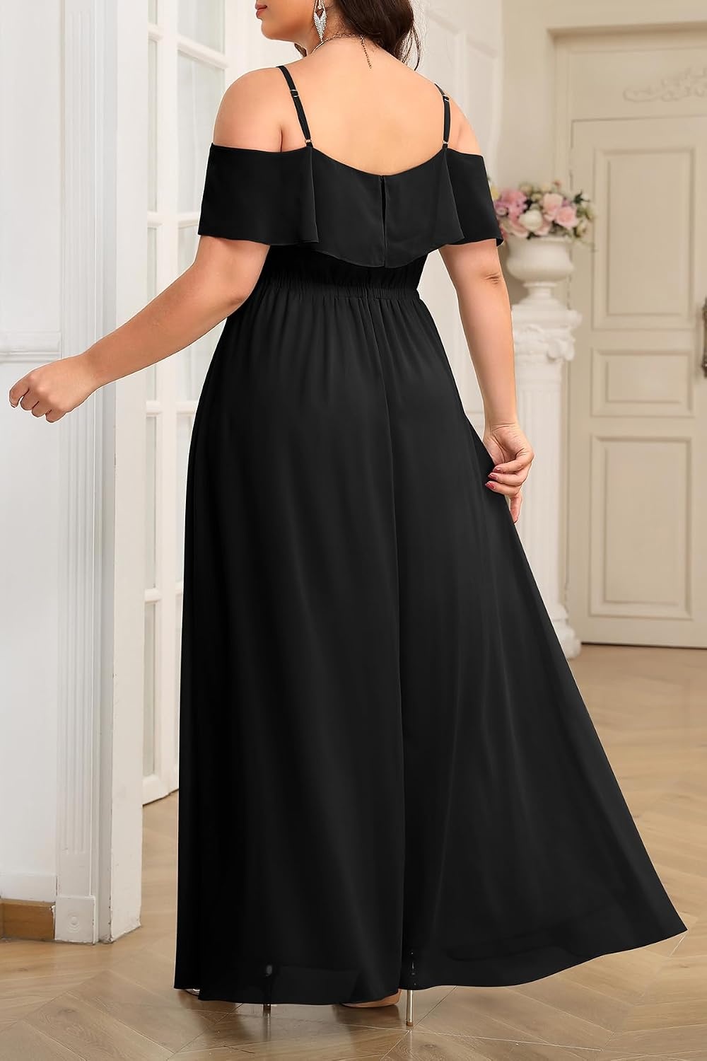 Plus Size Formal Dresses Off Shoulder Chiffon High Slit Ruffle Wedding | Off Shoulder / Chiffon / High Slit Ruffle / Elegant Formal Dress / Wedding Guest Bridesmaid Prom Evening Party(Black)