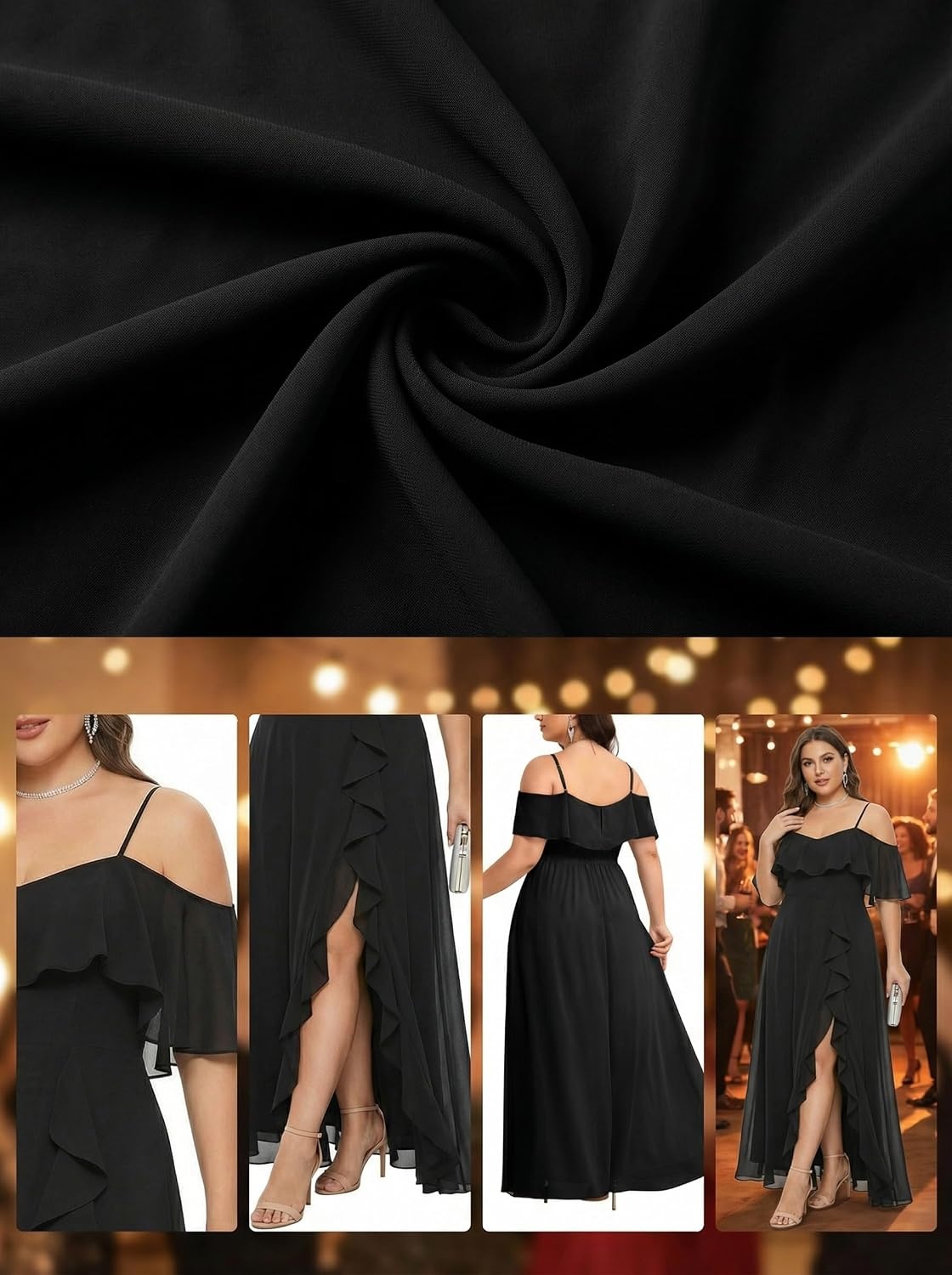 Plus Size Formal Dresses Off Shoulder Chiffon High Slit Ruffle Wedding | Off Shoulder / Chiffon / High Slit Ruffle / Elegant Formal Dress / Wedding Guest Bridesmaid Prom Evening Party(Black)