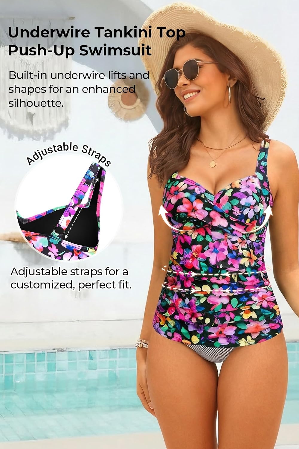Women’s Underwire Tankini Top Only – Tummy Control Bathing Suit Top No Bottom 2025(Navy Blue Magenta)
