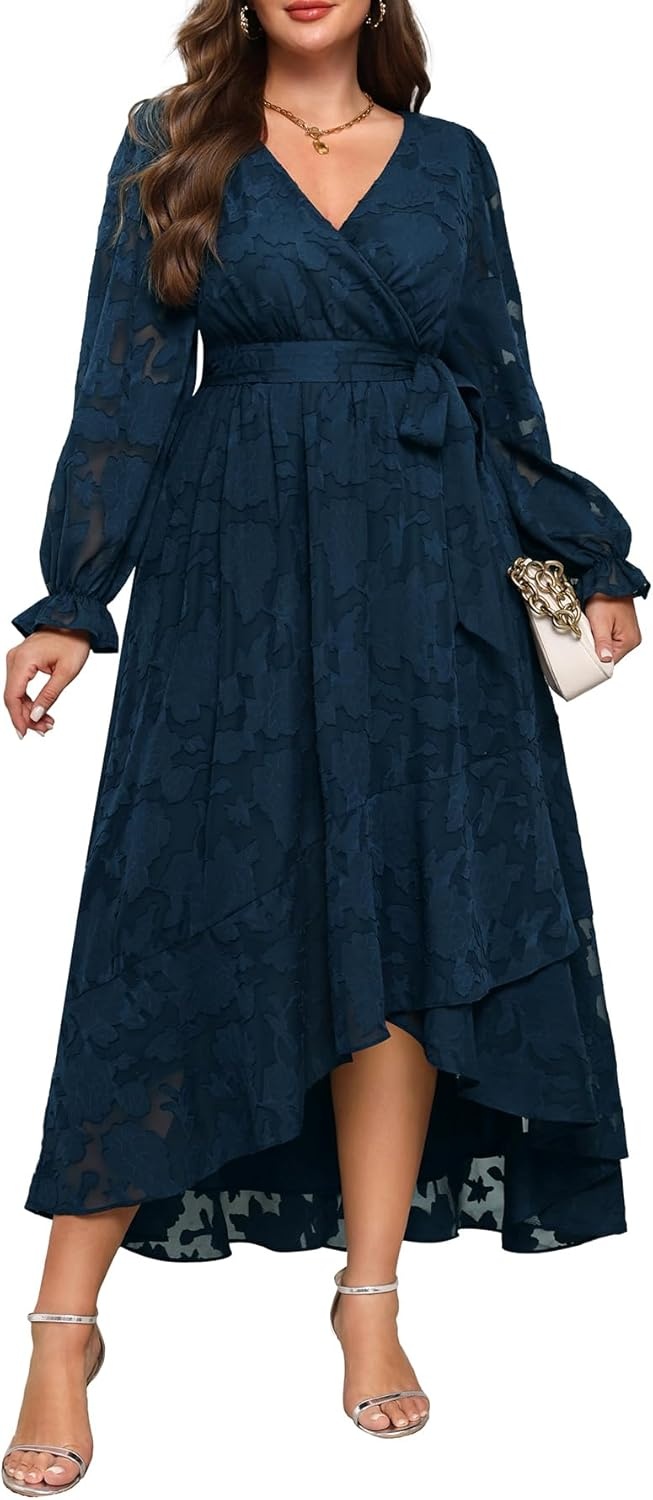 Plus Size Dresses Wedding Guest – Fall Semi Formal Floral Long Sleeve Wrap V Neck High Low Maxi Dress with Belt Women(Navy Blue)