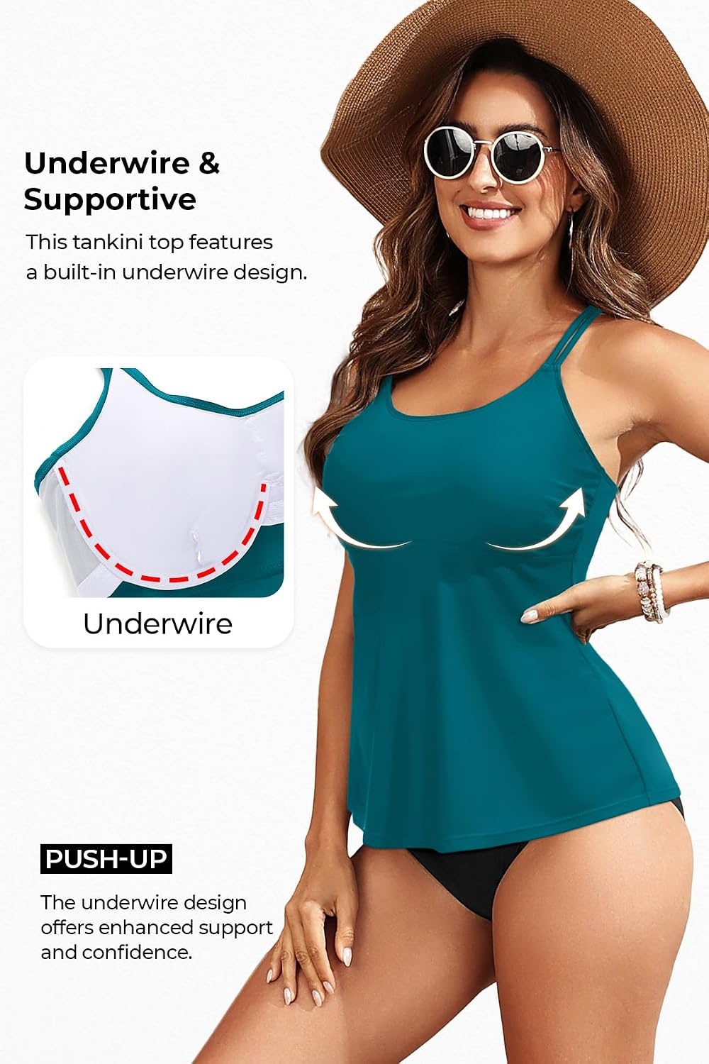 Women Underwire Tankini Top Only – Supportive Flowy Swimsuit Top(Teal)