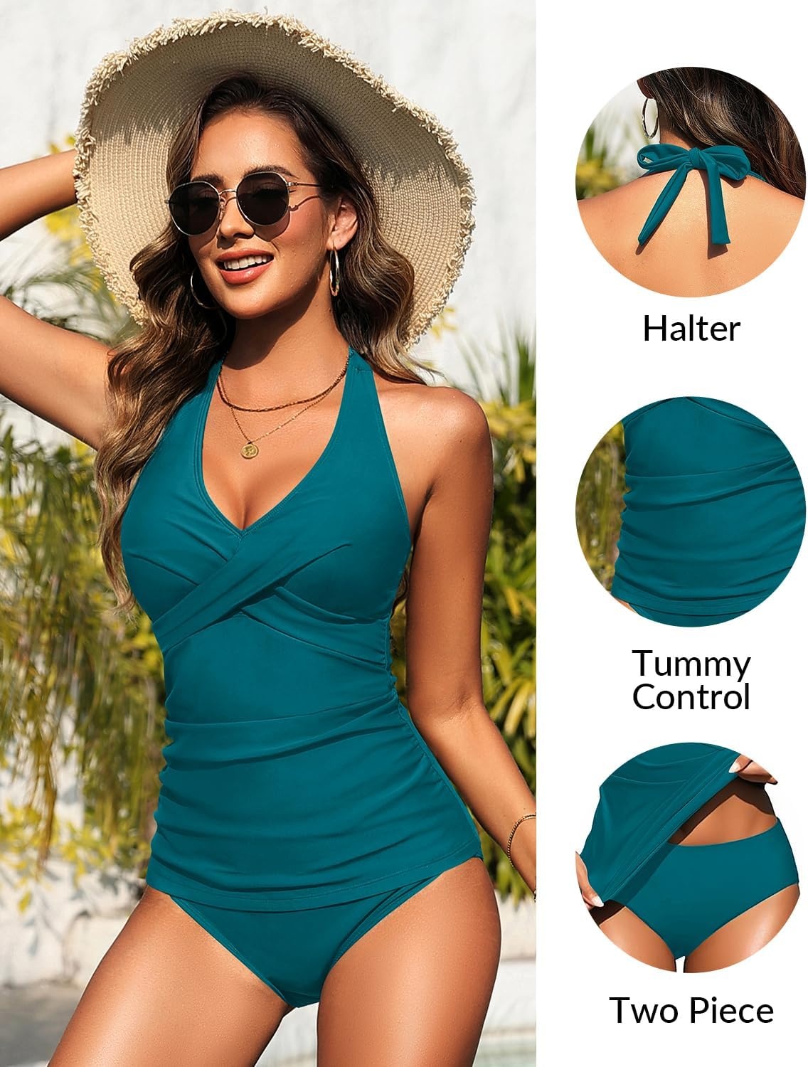 Womens Halter Tankini Swimsuit – Tummy Control Bathing Suit Two Piece Swimsuit V Neck Swimwear 2025(Teal)