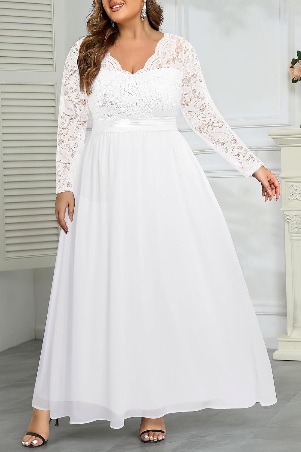 Plus Size Formal Dress V-Neck Lace Chiffon Maxi Wedding Guest Gown | Flattering Double V-Neck, Lace Sleeves, Empire Front & Smocked Back Waist, Chiffon Maxi Dress for Bridesmaids & Formal Events(White-1)
