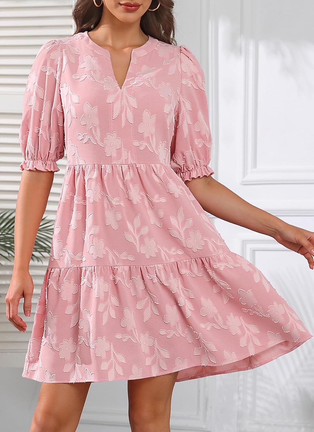 Womens V Neck Floral Babydoll Tiered Tunic Dress | V neck / textured floral / tiered babydoll / flowy tunic / fall summer casual dress(Pink)