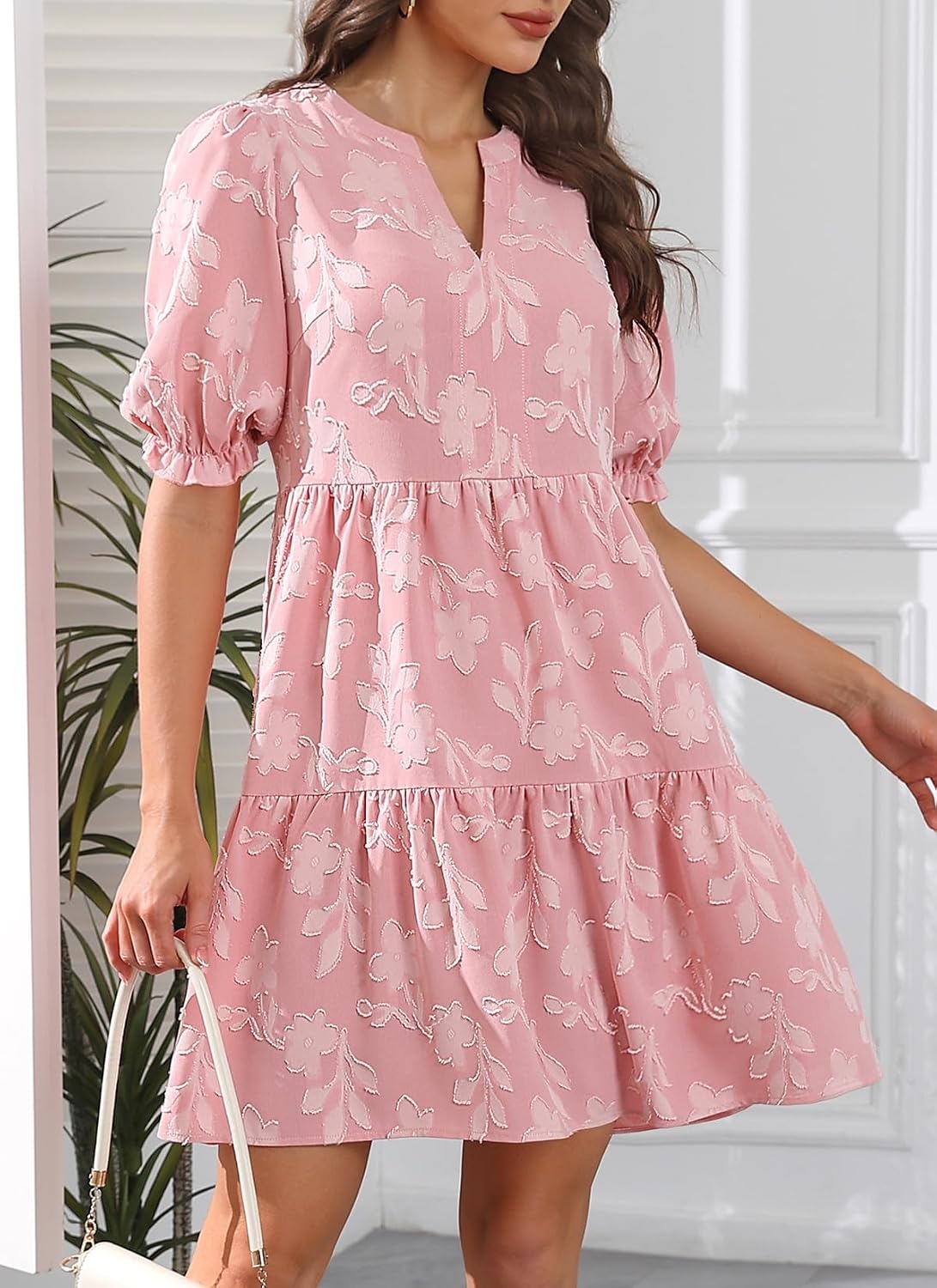 Womens V Neck Floral Babydoll Tiered Tunic Dress | V neck / textured floral / tiered babydoll / flowy tunic / fall summer casual dress(Pink)