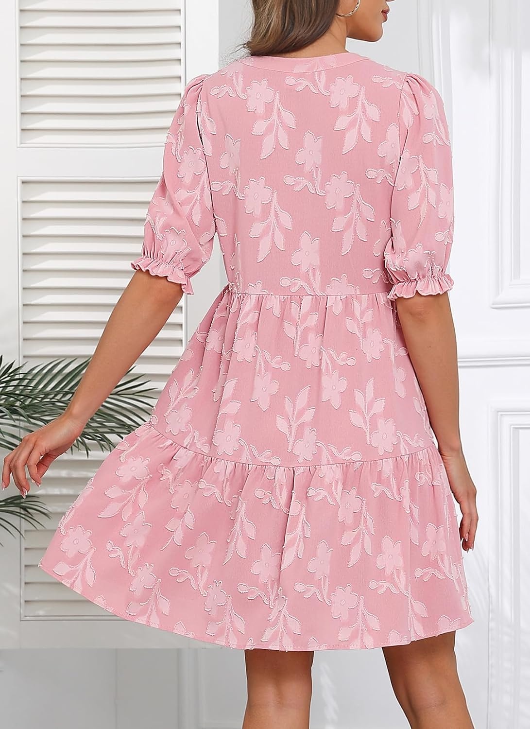Womens V Neck Floral Babydoll Tiered Tunic Dress | V neck / textured floral / tiered babydoll / flowy tunic / fall summer casual dress(Pink)