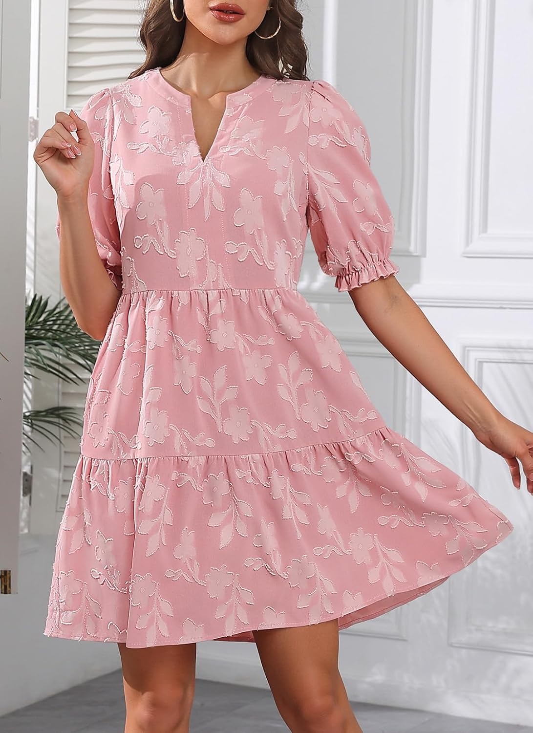 Womens V Neck Floral Babydoll Tiered Tunic Dress | V neck / textured floral / tiered babydoll / flowy tunic / fall summer casual dress(Pink)