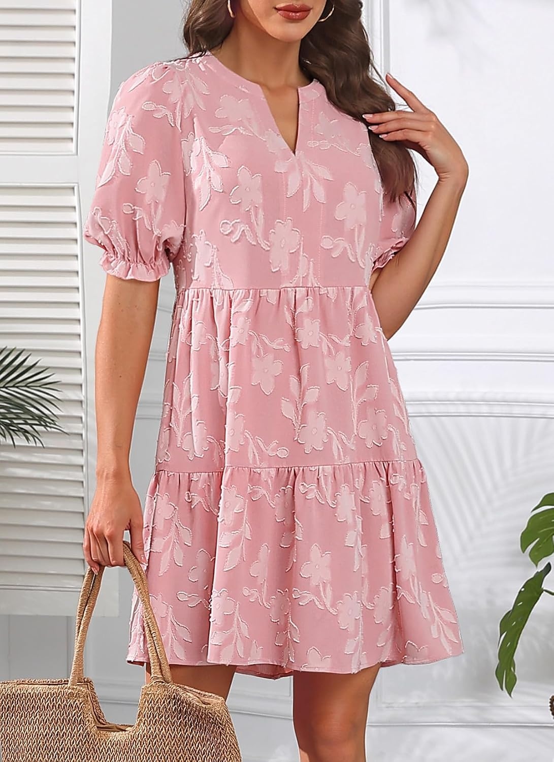 Womens V Neck Floral Babydoll Tiered Tunic Dress | V neck / textured floral / tiered babydoll / flowy tunic / fall summer casual dress(Pink)